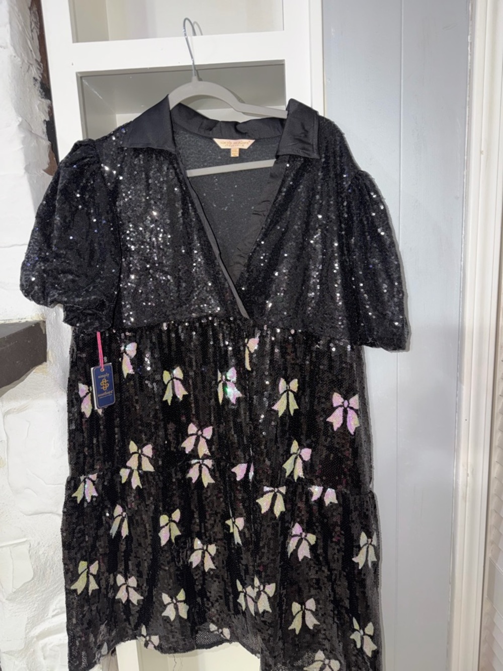 NWT Simply Southern Black Sequin Dress with Iridescent Bow Accents